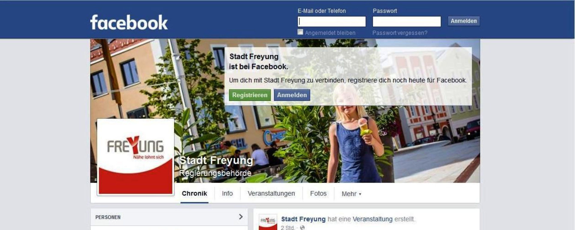 Die Facebook-Seite der Stadt Freyung