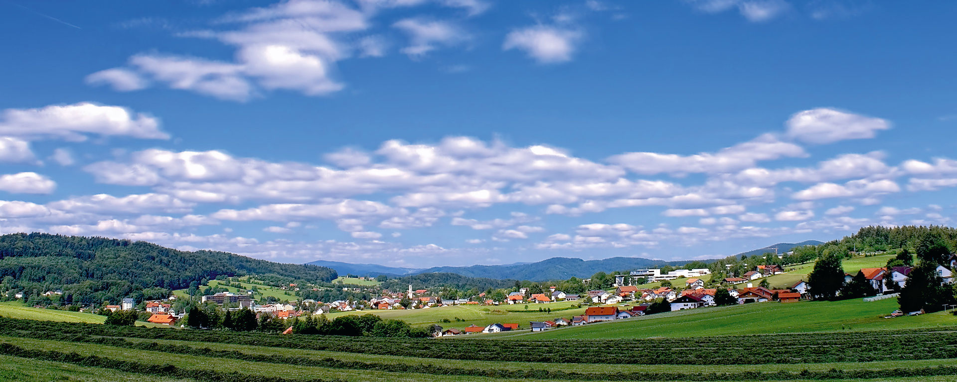 Panorama von Freyung von einer großen Wiese aus bei blauem Himmel und Sonnenschein