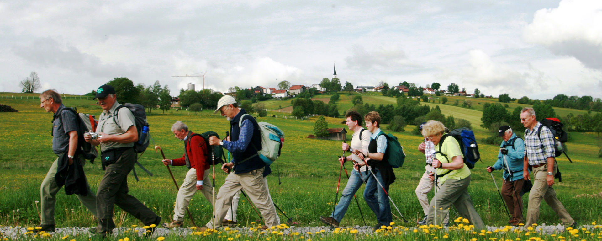 Wandergrupppe auf einem Wanderweg neben einer großen Wiese