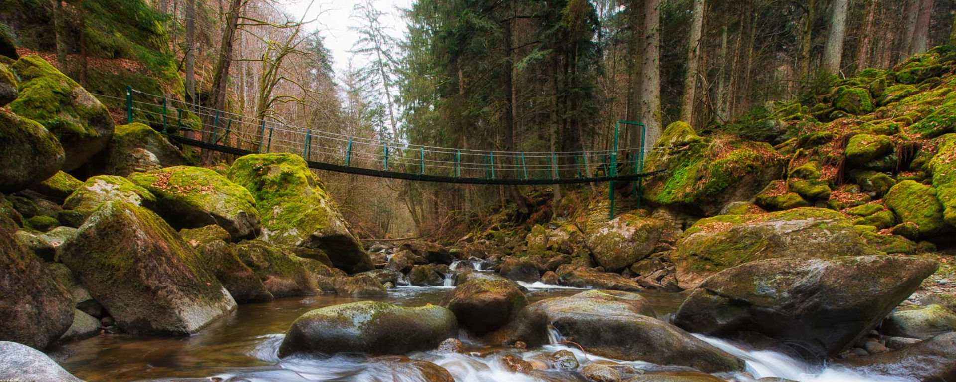 Reißender Bach durch große, moosbewachsene Steine