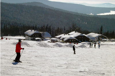 Skipisten Abfahrt mit Skifahrern und Snowboardern bei Sonnenschein