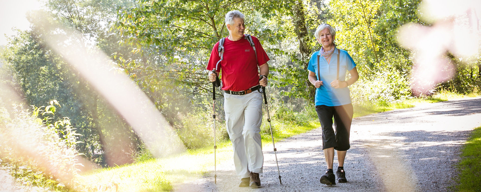 Zwei Wanderer mit Stöcken blicken in die schöne grüne Natur